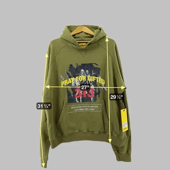 NWT GFTD‎ LA Pray For Gifted 313 Hoodie Wash Olive Green Men’s L Streetwear - Picture 3 of 12